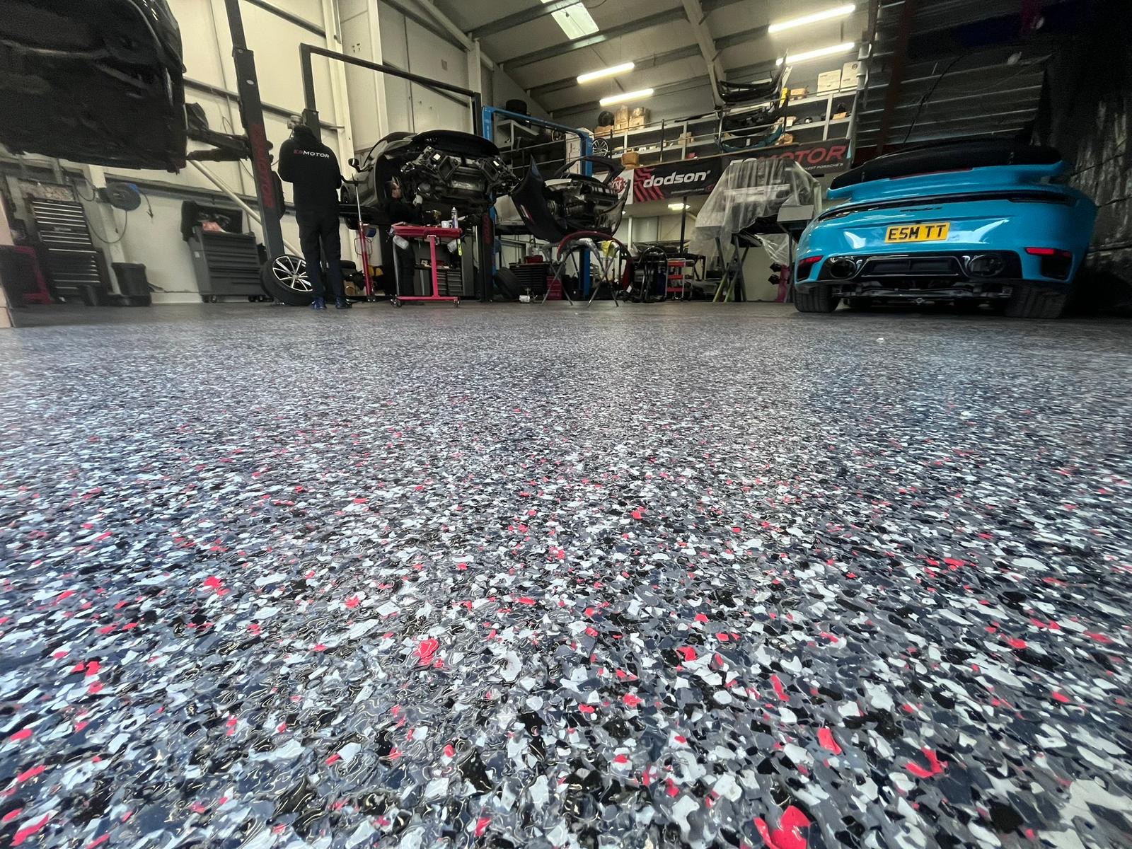 Porsche Specialist Workshop Floor — Commercial Flake Flooring System in West Midlands